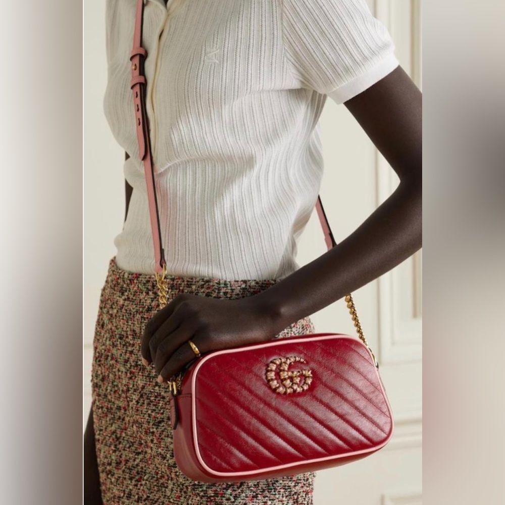NEW Gucci Marmont GG Red Quilted Camera Leather Crossbody Bag Handbag Purse!